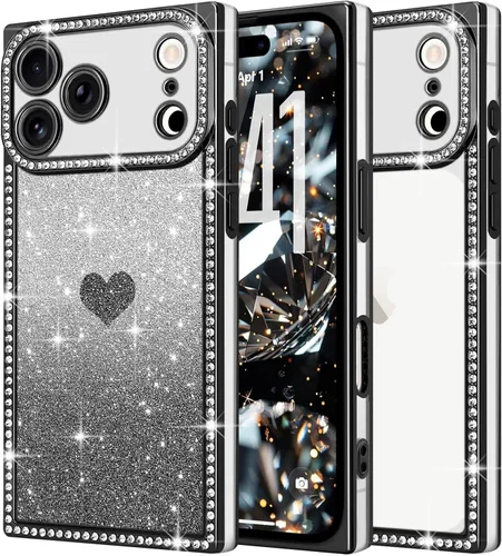 Miniatura 12 de Funda para iPhone 13, funda de diamantes de imitación de lujo con patrón de corazón de amor de cristal [papel con purpurina extraíble], parachoques