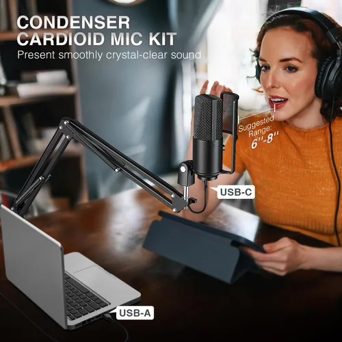Miniatura 7 de FIFINE - Micrófono USB para podcast, micrófono condensador para PC con soporte de brazo extensible, botón de silencio, kit de micrófono Plug & Play