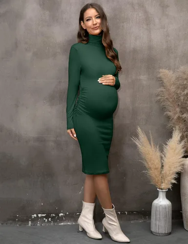 Miniatura 3 de abkylie Vestido de maternidad de manga larga de cuello alto con fruncido laterallongitud a la rodilla, vestido de embarazo para otoño sesión