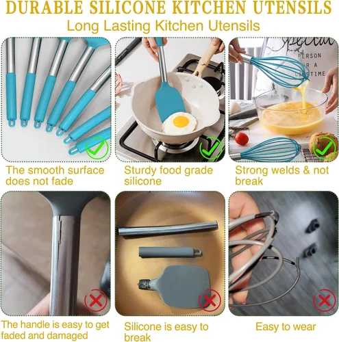 Miniatura 3 de 15 piezas de utensilios de cocina de silicona Umite Chef - Juego de herramientas de cocina resistentes al calor de 446°F con mangos de acero Azul