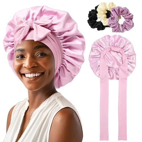 Miniatura 9 de Gorro de satén para mujer, con banda de amarre para el cabello, para dormir, grande de 2 capas, gorro de dormir de seda para dormir con 3 coleteros