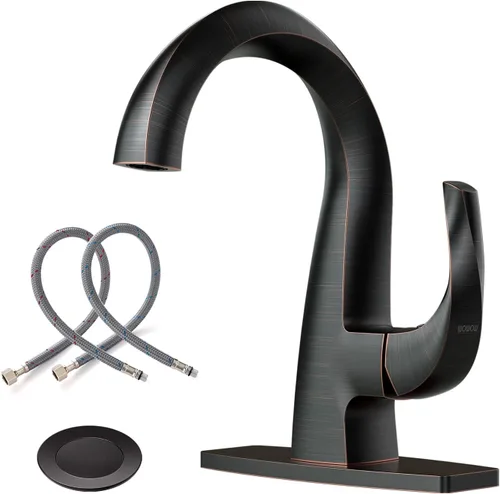 WOWOW Grifo de Baño de Una Sola Manija 1 Agujero Arco Alto Lavabo de Baño Bronce Aceitado Frotado con Desagüe Emergente, Grifo de Lavabo de Baño