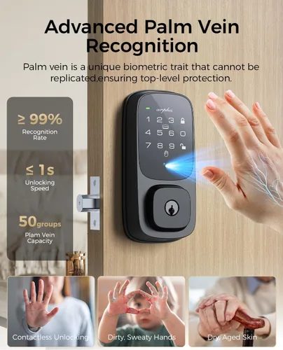 Miniatura 2 de ARPHA Cerradura de puerta de entrada sin llave, cerrojo de reconocimiento de vena palmar con asa para puerta delantera, WiFi integrado, Amazon