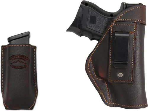 Miniatura 9 de Barsony Funda IWB de cuero marrón + funda para cargador compacta, subcompacta de 0.354 in, 40 y 45