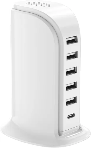 Estación de carga para múltiples dispositivos Upoy, torre de hub USB multi con 5 USB+1 puertos tipo C, bloque de cargador USB C de carga rápida para