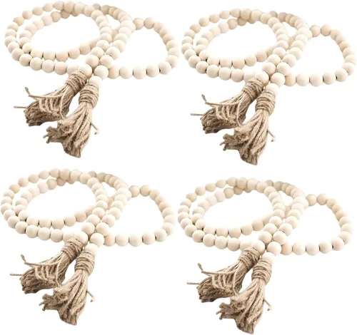Miniatura 10 de LSKYTOP Guirnalda de cuentas de madera de 60 pulgadas, cuentas de madera con borlas, cuentas de granja, cuentas rústicas de oración, cuentas