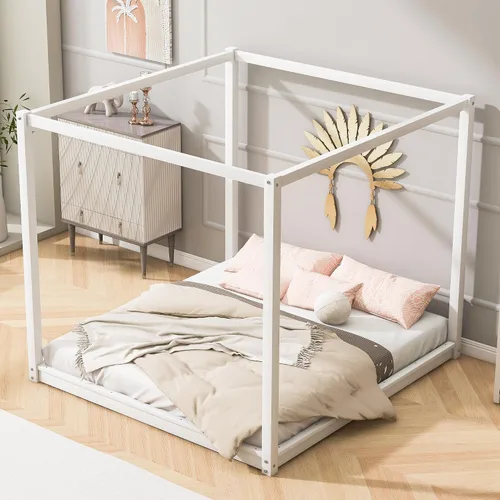 Miniatura 11 de Cama con dosel de metal, con plataforma de 4 postes de Coner con cabecera entrecruzada y estribo, tamaño Queen