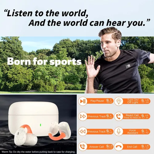 Miniatura 5 de TOPAUX Auriculares inalámbricos de oreja abierta con clip seguro Auriculares deportivos blancos Conducción ósea ligera Auriculares Bluetooth