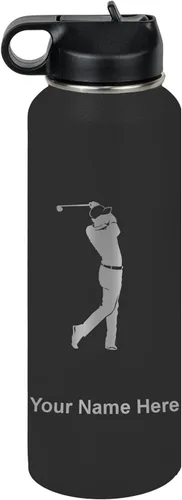 Miniatura 69 de LaserGram Botella de agua personalizada, golfista de golf, acero inoxidable de doble pared aislada al vacío con popote superior, regalo grabado Negro