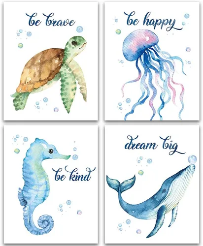 Miniatura 8 de CHIEN-CHI LILI Juego de 4 impresiones artísticas de acuarela para baño de Sea Marine Life (8 x 10 pulgadas), diseño de tortugas marinas, caballito