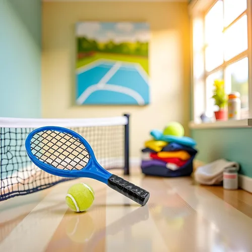 Miniatura 2 de Juego de raquetas de tenis en miniatura azul y verde, accesorios a escala 1/12, juego de mini raqueta, tenis pequeño