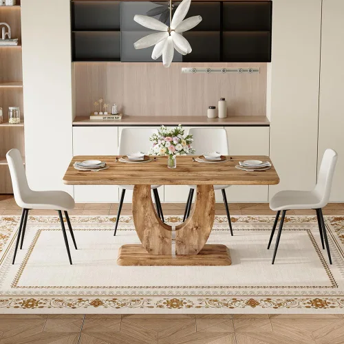 Miniatura 19 de Juego de mesa de comedor moderno para 4, mesa de cocina de madera de 63 pulgadas con 4 sillas tapizadas de gamuza de tela, estilo granja con parte