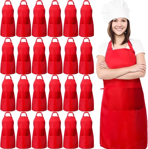 Miniatura 8 de JaGely Paquete de 24 delantales ajustables con babero y 2 bolsillos, delantales negros a granel para servidoras, mujeres adultas, delantal de cocina