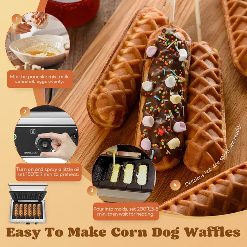 Miniatura 4 de Moongiantgo Máquina comercial para hacer gofres para perros de maíz, 6 unidades de 1550 W, plancha de prensa de queso para perros calientes, control