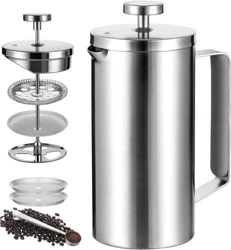 Miniatura 12 de Prensa Francesa Pequeña 350ml Negra, Prensa Francesa de Acero Inoxidable con Pared Doble Aislada para Viaje y Camping, Cafetera de Café Colado