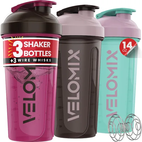 Miniatura 7 de VELOMIX -Paquete de 3 - Botella mezcladora de proteínas de 14 onzas para mezclas de proteínas - 1 batidor de alambre Vasos agitadores a prueba