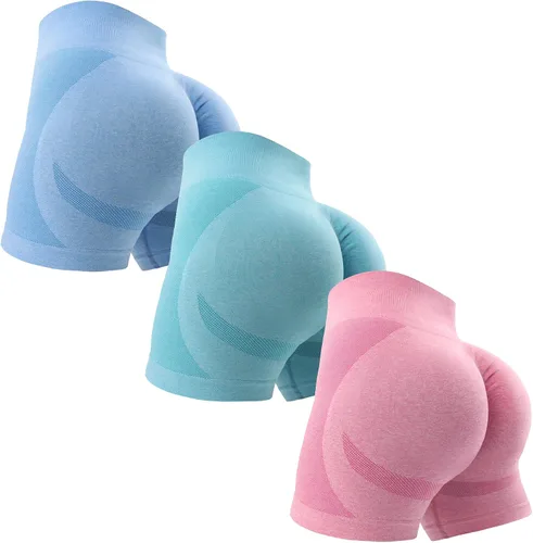OVESPORT Pantalones cortos de entrenamiento de 3 piezas para mujer, sin costuras, con levantamiento de glúteos, cintura alta, para yoga, gimnasio,