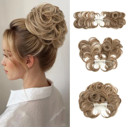 Miniatura 30 de Postizo de Cabello de Moño Despeinado con Peine Lateral Clip en Postizo de Moño para Mujeres Corto Natural Liso Versátil Estilos Ajustables Piezas