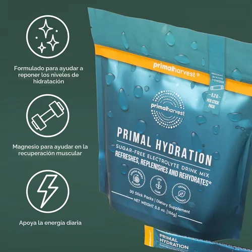 Miniatura 6 de Primal Harvest Paquetes de electrolitos en polvo Primal Hydration, paquetes fáciles de abrir, mezcla de bebida energética