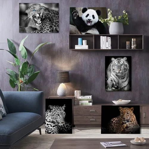 Miniatura 8 de Impresiones en lienzo de leopardo con fondo negro y vida silvestre dorada, arte de pared de leopardo y guepardo, ilustraciones para baño