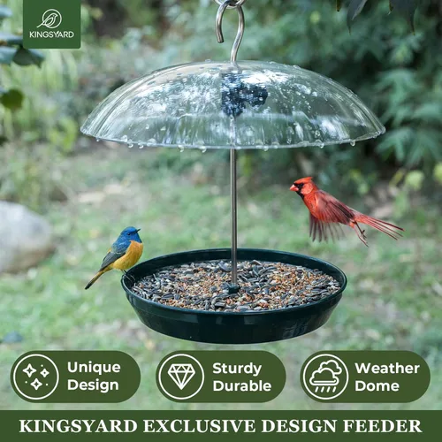 Miniatura 2 de Comedero para pájaros Kingsyard ajustable para colgar al aire libre, comedero de bandeja de metal con parte superior abombada, atrae pájaros azules