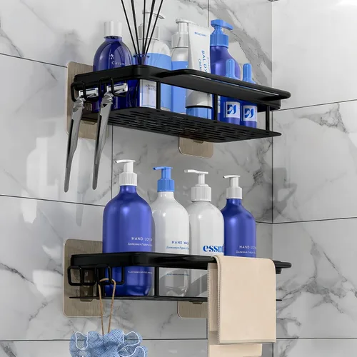 Miniatura 2 de Paquete de 2 organizadores de ducha adhesivos, estantes de ducha de aluminio negro inoxidable con barras de toalla y ganchos, organizadores de baño
