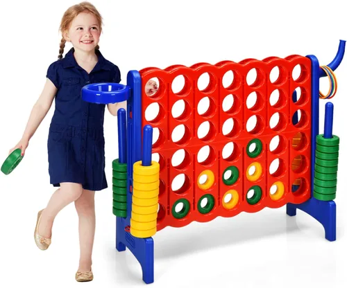 Miniatura 19 de HONEY JOY Juego gigante gigante de 4 a puntuación, 3 en 1 para interiores y exteriores, juego de patio familiar con aro de baloncesto y lanzamiento