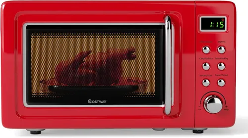 Miniatura 11 de COSTWAY horno microondas retro para encimera, 0.7 pies cúbicos, 700 vatios, alta eficiencia energética, 5 niveles de potencia, función de inicio