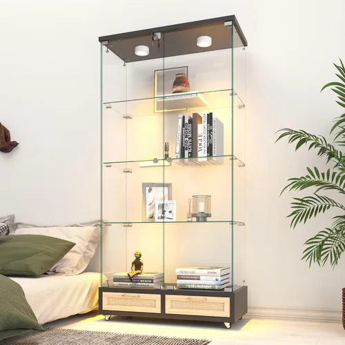 Miniatura 51 de Vitrina de cristal con 3 estantes con 2 puertas, vitrina de cristal transparente para sala de estar, dormitorio, 49.49 x 31.77 x 14.37 pulgadas