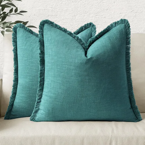 Miniatura 30 de MIULEE Juego de 2 fundas de almohada decorativas de lino neutro con flecos, fundas de cojín de estilo bohemio con borlas para sofá, cama, sala