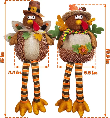 Miniatura 6 de Ogrmar Paquete de 2 muñecas de pavo de peluche de 15 pulgadas, decoración de mesa de Acción de Gracias, exquisita muñeca de felpa de pavo hecha a