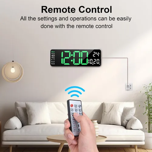 Miniatura 3 de Lafocuse Reloj de pared digital silencioso de 13 pulgadas, pantalla grande verde con fecha y semana, reloj LED con control remoto para decoración