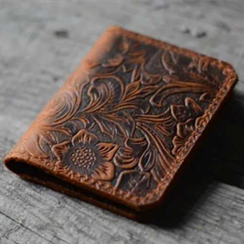 Miniatura 3 de Cartera minimalista de cuero para hombre, hecha a mano, para regalo, estilo de flores marrones, estilo 2, Flor Brown2, Style2