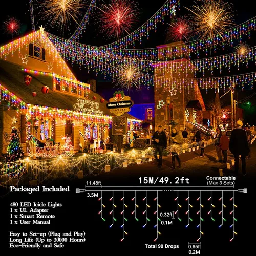 Miniatura 5 de FLVOECN 480 luces LED de Navidad de 49 pies, enchufables, 8 modos con temporizador, luces de hielo regulables, para exteriores, impermeables