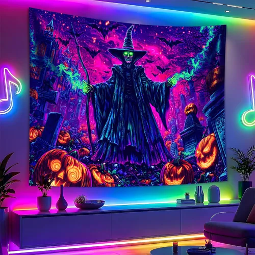 Miniatura 35 de BVBOX Tapiz de Halloween con luz negra, reactivo a los rayos UV que brilla en la oscuridad, póster de tapiz trippy con luz negra para sala de estar