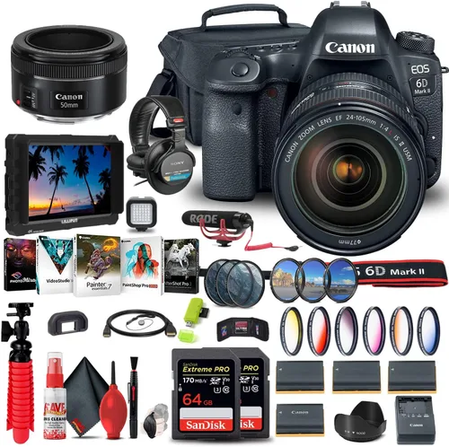 Canon Cámara DSLR EOS 6D Mark II con lente f/4L II de 0.945-4.134 in (1897C009) + monitor 4K + lente Canon EF de 1.969 in + micrófono Pro +