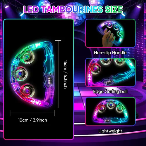 Miniatura 2 de Panderetas musicales con luz LED: pandereta intermitente de mano que brilla en la oscuridad, suministros de fiesta, panderetas LED, instrumento