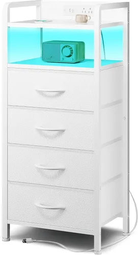 Miniatura 8 de Lazzanto Mesita de noche para dormitorio, mesita de noche con estación de carga y tira de luz LED, mesita de noche con estante de almacenamiento y 2