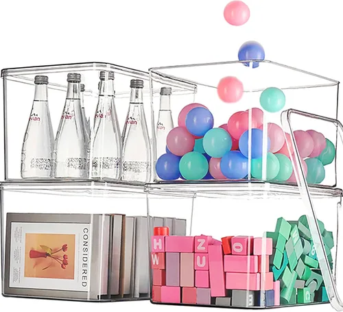 Contenedores de almacenamiento de plástico transparente con tapas - 4 paquetes, contenedores de almacenamiento para aperitivos, cosméticos, libros,