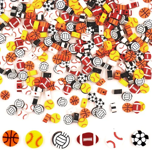 300 cuentas deportivas para la fabricación de joyas, cuentas de arcilla polimérica con béisbol, fútbol, baloncesto, voleibol, rugby, cuentas de bola