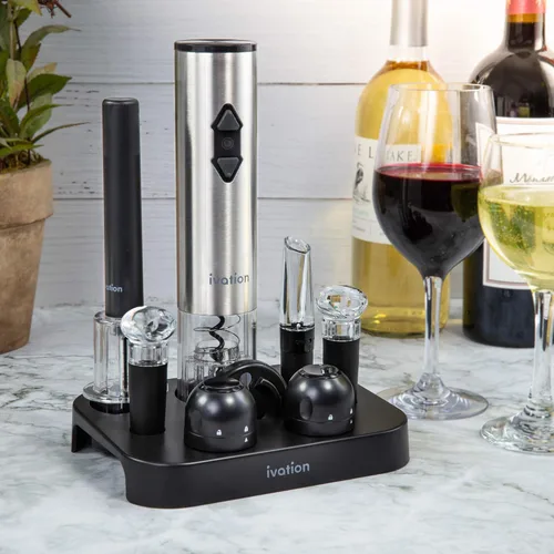 Miniatura 9 de Ivation Juego de vino de 9 piezas Abridor eléctrico, bomba de aire, vertedor con aireador, tapones de vino y champán, cortador de lámina y soporte.