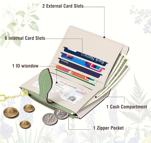 Miniatura 2 de Carteras para mujer - Bloqueo RFID - Pequeña billetera con flores, cuero PU suave, plegable, bolsillo con cremallera para monedas, tarjetero