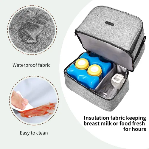 Miniatura 5 de Bolsa para extractor de leche con compartimento para extractor de leche, bolsa enfriadora y resistente a la humedad, doble capa para la madre, Gris