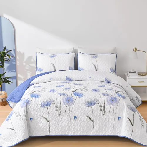 Miniatura 26 de Dinjoy Juego de colcha floral tamaño Queen, colcha azul agua tamaño Queen de 3 piezas, juego de ropa de cama ligera de estilo granja, colcha