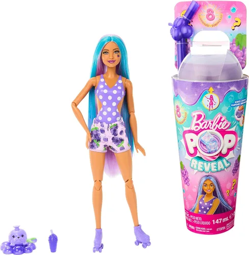 Miniatura 8 de Barbie Muñeca Pop Reveal y accesorios, aroma a ponche de fruta con cabello azul, 8 sorpresas incluyen slime, cambio de color y cachorro