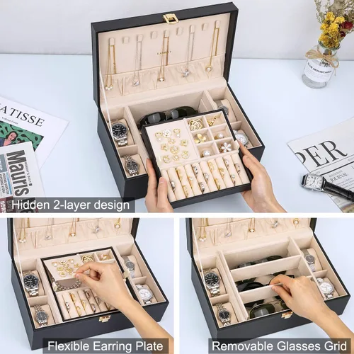 Miniatura 2 de LANDICI Joyero organizador para mujeres y niñas estuche grande de 2 capas para hombres con bandeja extraíble soporte de almacenamiento de joyas