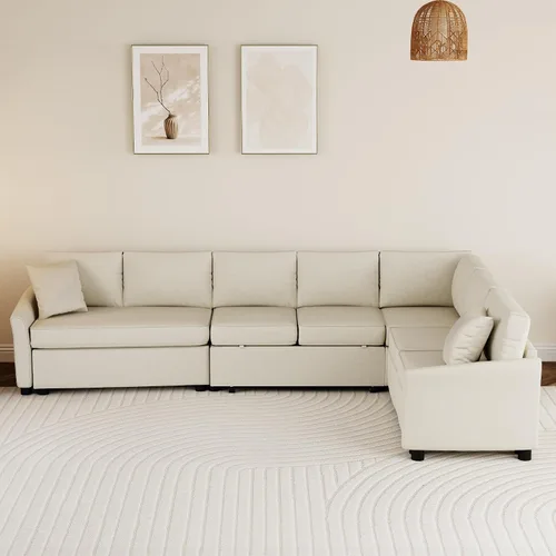 Miniatura 3 de JIVOIT Sofá cama moderno en forma de L con dos almohadas de respaldo, sofá cama modular de 124.8 pulgadas con cama extraíble, sofá modular Beige 052