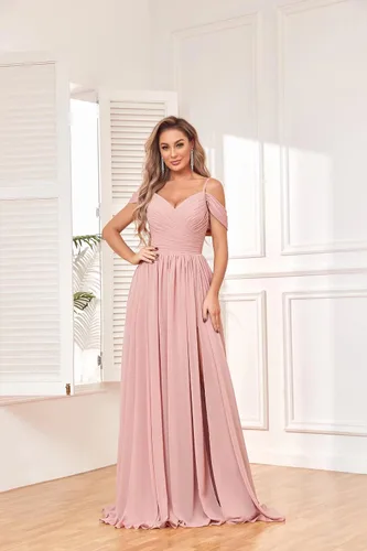 Miniatura 3 de BOLENSYE Vestidos de dama de honor con hombros descubiertos y bolsillos, vestido de noche formal con abertura larga de gasa fruncida