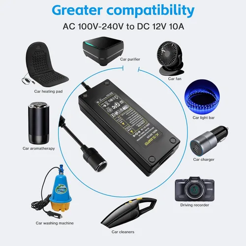 Miniatura 5 de Herfair Convertidor de CA a CC 2A 24W Adaptador de enchufe para encendedor de cigarrillos de automóvil, cable de alimentación de 110-240V a 12V