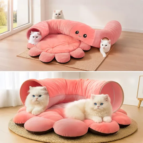 Miniatura 8 de Cama túnel para gatos con 20 juguetes para gatos, túnel de juego plegable para gatos de interior, juguetes para gatitos de interior, en forma de Rosa